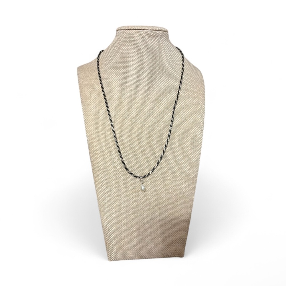 .925 Silver and Black rhodium twisted rock Necklace with Pearl Pendant - Picture 3 of 6